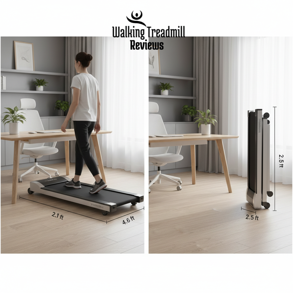 Folding feature under desk treadmill