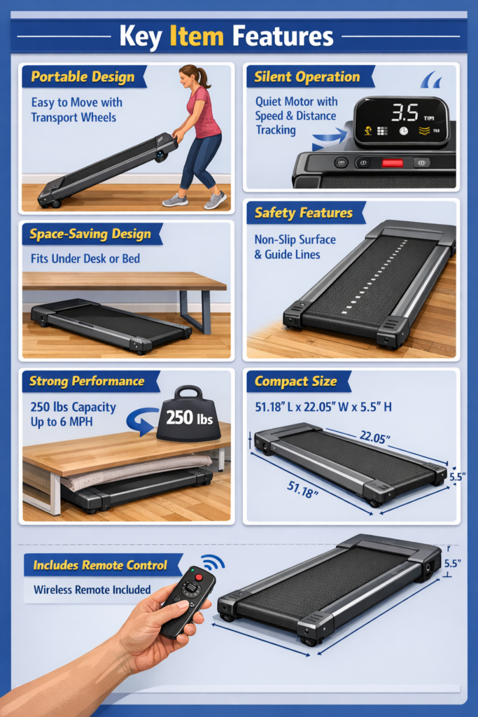 Infographic of key features/gozone walkingpad treadmill