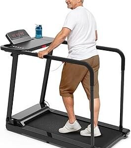 Redliro Treadmill for Seniors with Long Handrails - Recovery Machine for Walking 300 lbs Weight Capacity - Walking Treadmill Elderly with Desk & Cup Holder (Glossy Black)
