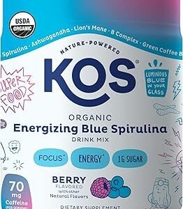 KOS Energizing Blue Spirulina Blend - USDA Certified Organic - B Vitamins, Ashwagandha, Ginseng, Adaptogens, Biotin - Vegan Pre Workout Powder - Caffeinated, Berry Flavored, 28 Servings