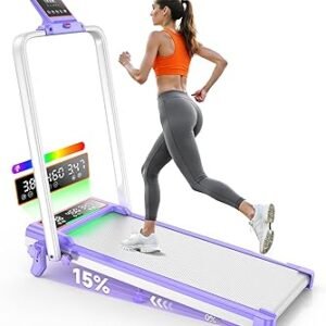 Folding Walking Pad with 15% Incline/RGB Light/Dual Screen Display, 3.5HP Treadmills for Home, Portable Walking Pad Treadmill with Handle Bar and 4 Adjustable Incline, 350lbs Capacity, Smart App