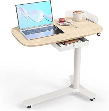 KINGSMITH Rolling Desk Adjustable Height with Drawer and Wheels, Portable Small Standing Desk Pneumatic for Home Office, Mobile Computer Laptop Desk Cart, Medical Sofa Overbed Table, Oak