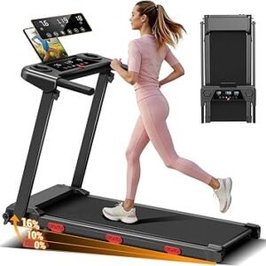 16% Incline 3.0HP Folding Treadmill | Treadmills for Home | Portable Walking Pad with Handlebars, 12 Programs, 3 LED Displays, 350 LBS Capacity, 6 Shock Absorbers, 0.6-7.5MPH