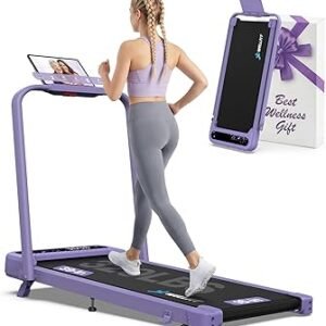 WELLFIT Folding Treadmill with Handlebar, 320 LBS Incline Walking Pad, Quiet Under Desk Treadmill for Home Office, APP & Voice Control, No Assembly Compact Foldable Treadmills, Purple Gift for Women