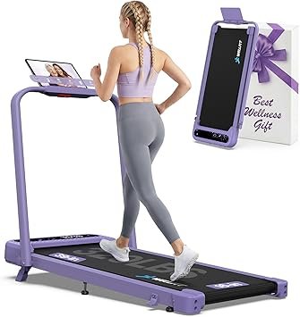 WELLFIT Folding Treadmill with Handlebar, 320 LBS Incline Walking Pad, Quiet Under Desk Treadmill for Home Office, APP & Voice Control, No Assembly Compact Foldable Treadmills, Purple Gift for Women