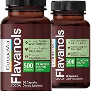 CocoaVia Cardio Health Supplement, 60 Day, 500mg Cocoa Flavanols, Support Heart Health, Boost Nitric Oxide, Blood Circulation, Energy, Vegan, Dark Chocolate, 120 Capsules