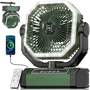 Allsion Camping Fan - 24000mAh Portable Fan, Rechargeable Fan with Light & Remote, Battery Powered Fan 4 Speed Strong Airflow, Desk/Camping/Outdoor/Gym Fan for Office Travel Treadmill Camping Gear