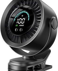 KIMMOO Portable Clip on Fan, 100-Speed Rechargeable USB Fan with LED Display, 360° Rotation & Strong Airflow Desk Fan, Up to 17 Hours Small Battery Fan for Outdoor Travel Camping Treadmill Car (Black)