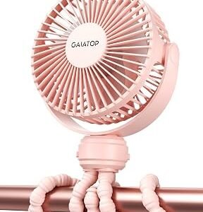 Gaiatop Mini Portable Stroller Fan, Battery Operated Small Clip on Fan, Detachable 3 Speed Rechargeable 360° Rotate Flexible Tripod Handheld Desk Cooling Fan for Car Seat Crib Treadmill Travel Pink