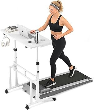 ikkle Standing Desk with Wheels, Adjustable Treadmill Desk, Rolling Bike Trainer Desk for Walking Pad Laptop, Phone Standing, White