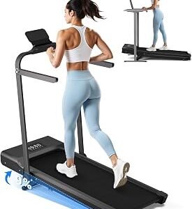 Superun Walking Pad Treadmill with Handle Bar, 300 LBS Capacity Treadmills for Home, 3.0HP Portable Under Desk Treadmill for Home Office with LED Display Remote APP Control
