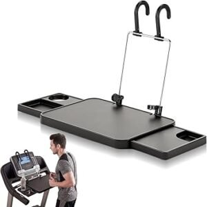 Fumete 14.17'' x 10.03'' ABS Black Treadmill Desk Attachment Adjustable Dual Hook Hanging Design with Hidden Side Drawers Treadmill Laptop Holder Easy Install Exercise Workstation
