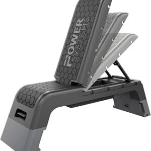 Power Systems Step Bench & Weight Bench | Aerobic Platform & Plyo Box for Cardio, Strength | Commercial Grade Full Body Home Gym Stepper | Adjustable Multifunctional Deck & Resistance Band Clips
