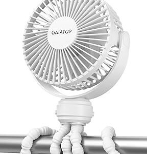 Gaiatop Mini Portable Stroller Fan, Battery Operated Small Clip on, Detachable 3 Speed Rechargeable, 360° Rotate Flexible Tripod Better Cooling for Car Seat Crib Treadmill Travel White