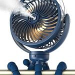 Misting Stroller Fan, 6000mAh Battery Operated Portable Fan with Light & 360° Pivoting, Personal Cooling Fans with Flexible Tripod for Baby, Office, Travel,Treadmill,Outdoors (Dark Blue)