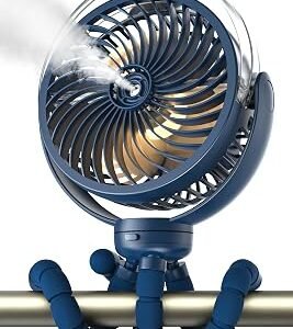 Misting Stroller Fan, 6000mAh Battery Operated Portable Fan with Light & 360° Pivoting, Personal Cooling Fans with Flexible Tripod for Baby, Office, Travel,Treadmill,Outdoors (Dark Blue)