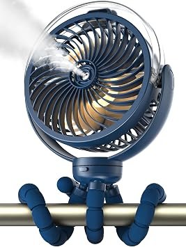 Misting Stroller Fan, 6000mAh Battery Operated Portable Fan with Light & 360° Pivoting, Personal Cooling Fans with Flexible Tripod for Baby, Office, Travel,Treadmill,Outdoors (Dark Blue)