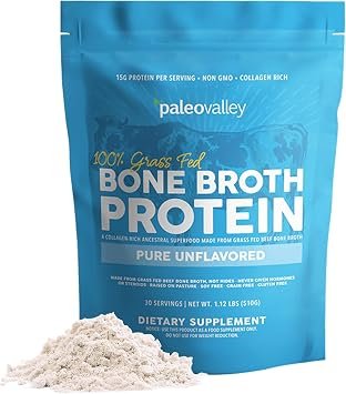 Paleovalley 100% Grass Fed Beef Bone Broth Protein Powder - Rich in Collagen Peptides for Hair, Skin, Gut Health, Bone and Joint Support - 15g Protein Per Serving - No Gluten or GMOs
