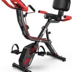 pooboo Folding Exercise Bike, Foldable Upright Stationary Bike, Indoor Cycling Magnetic X-Bike with 8-Level Adjustable Resistance, 6.6 LBS Flywheel, 300LB Capacity, Back Support Cushion for Home Gym