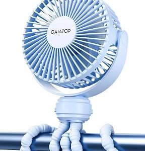 Gaiatop Mini Portable Stroller Fan, Battery Operated Small Clip on, Detachable 3 Speed Rechargeable, 360° Rotate Flexible Tripod Better Cooling for Car Seat Crib Treadmill Travel Blue