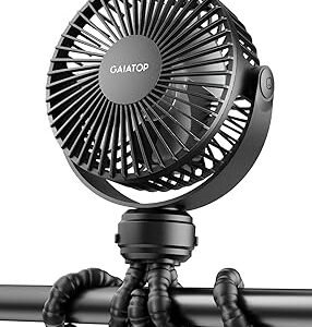 Gaiatop Mini Portable Stroller Fan, Battery Operated Small Clip on, Detachable 3 Speed Rechargeable, 360° Rotate Flexible Tripod Better Cooling for Car Seat Crib Treadmill Travel Black