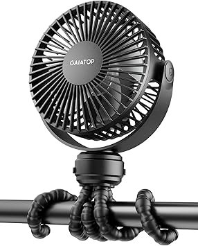Gaiatop Mini Portable Stroller Fan, Battery Operated Small Clip on, Detachable 3 Speed Rechargeable, 360° Rotate Flexible Tripod Better Cooling for Car Seat Crib Treadmill Travel Black
