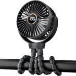 Portable Stroller Mini Fan, Small Rechargeable Personal Fan, Baby Travel Essentials for Wagon, Car Seat, Treadmill, Battery Powered Biking Gear Accessories, 360° Rotation, 3-Speed, Display, Black