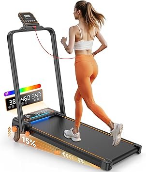Treadmill Walking Pad with 15% Incline/Handle Bar/2 LED Display, 3.5HP Portable Treadmills for Home Small, Foldable Walking Pad Treadmill 350+lb Capacity, Smart App, 4 Adjustable Incline, RGB Light