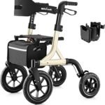 MAXWALK Walkers for Seniors, Rollator Walker with Seat, 12" Big Rubber Wheels All Terrain Rollator Walker with Backrest, Built-in Cable, Cup Holder, Foldable and Height Adjustment for Seniors, Gold