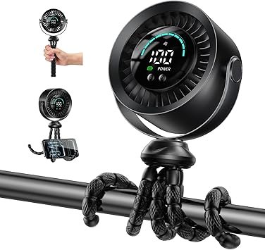KIMMOO Portable Baby Stroller Fan, 360° Adjustable Quiet Rechargeable USB Fan with LED Display, 100 Speeds Safe Clip Fan for Stroller, Powerful Cooling Fan for Golf Car Seat Treadmill Travel, Black