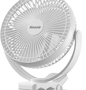 Koonie Portable Clip on Fan, 8-Inch 10000mAh USB Rechargeable Battery Operated, 4 Speeds, Strong Airflow, Sturdy Clamp for Office Desk Golf Car Outdoor Travel Camping Tent Gym Treadmill