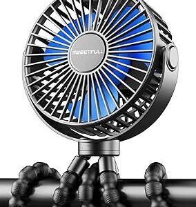 SWEETFULL Portable Stroller Fan with LED Display, 4 Speed Rechargeable Mini Clip On Fan, 360° Rotate Flexible Tripod Better Cooling Small Baby Fan for Car Seat Crib Travel Bike Treadmill (Black)