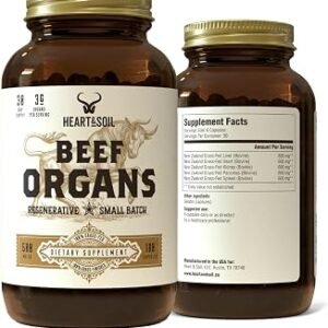 HEART & SOIL – 100% Grass Fed & Finished Beef Organs from Regenerative Cattle with Liver, Heart, Kidney, Pancreas & Spleen – 3000mg Beef Organ Supplement for Women & Men – Glass Bottle – 180 Capsules