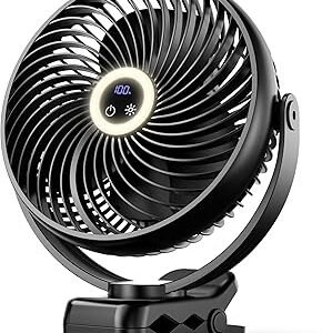Koonie 10000mAh Portable Clip on Fan with LED Lantern and Hook, 8'' Battery Operated Desk Fan, Quiet Camping Fan with LED Digital Display, 360° Rotation & 3 Speeds for Travel Tent Gym Treadmill