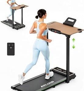 Walking Pad Treadmill with Desk Workstation, Treadmills with Wooden Desk Adjustable Height for Home Office, 330lbs Capacity, 2.5HP,45dB Silent, Foldable Treadmill with Remote Control