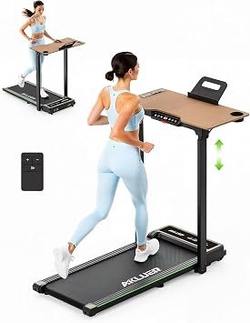 Walking Pad Treadmill with Desk Workstation, Treadmills with Wooden Desk Adjustable Height for Home Office, 330lbs Capacity, 2.5HP,45dB Silent, Foldable Treadmill with Remote Control