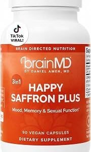 BRAINMD Dr Amen Happy Saffron Plus - 90 Capsules - with Saffron Flower Extract, Curcumin & Zinc - Vegan, Gluten Free - 30 Servings | 30 Servings