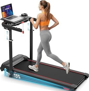 ANCHEER 15% Incline Walking Pad Treadmill with Desk Workstation & Adjustable Height, Portable Treadmills for Home 450 lbs Weight Capacity, 3.5HP Quiet Walking Pad with Desk, Installation in 4 Steps