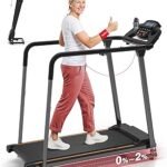 Redliro Treadmill for Seniors with Long Handrails - Foldable Walking Treadmill for Home Small, 300 lbs Capacity, 0-2% Incline, Auto Lube, Mute & Quick Speed Button, Elder Recovery, Cup & Phone Holder